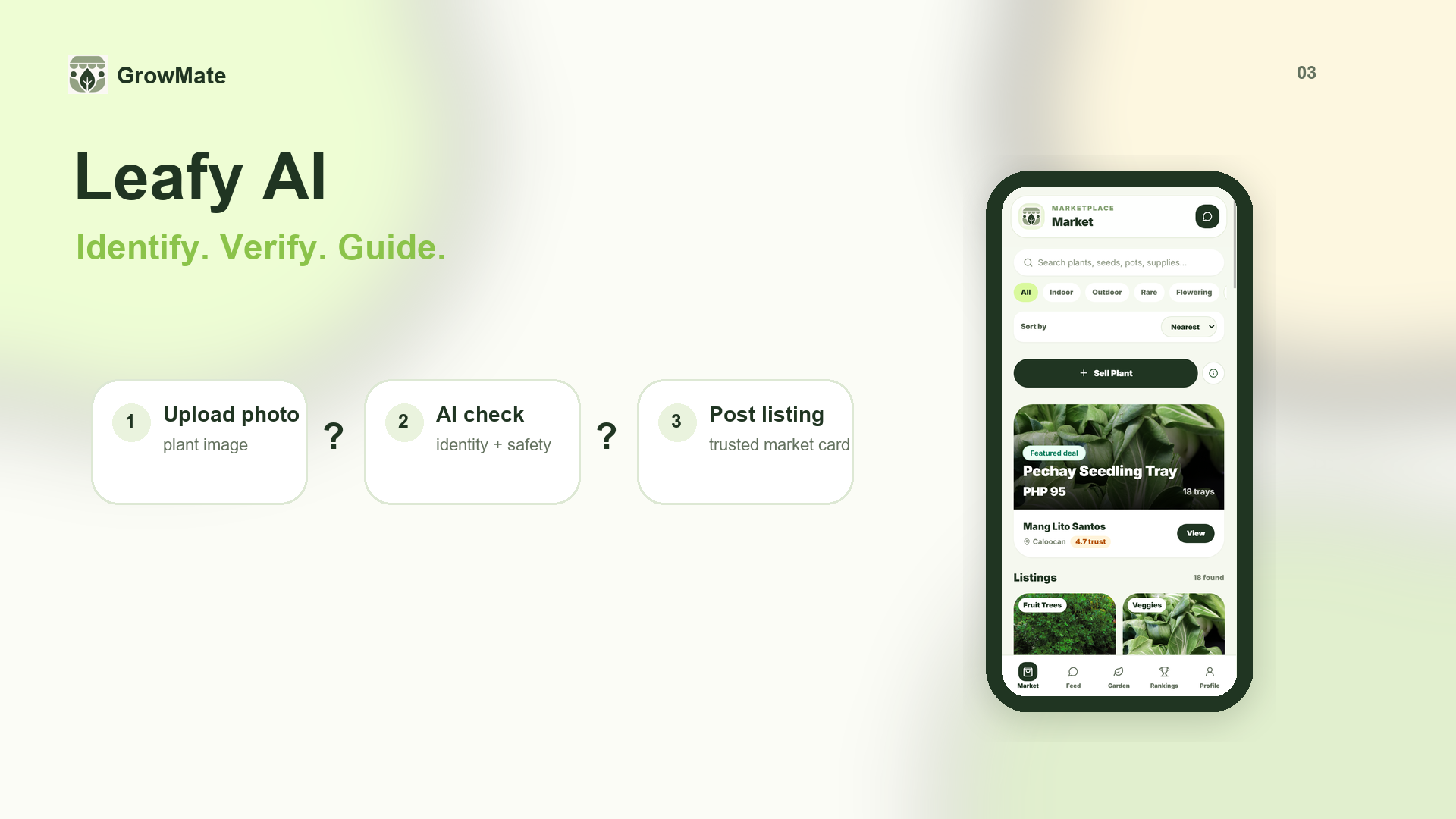 GrowMate Leafy AI identification and Market screen