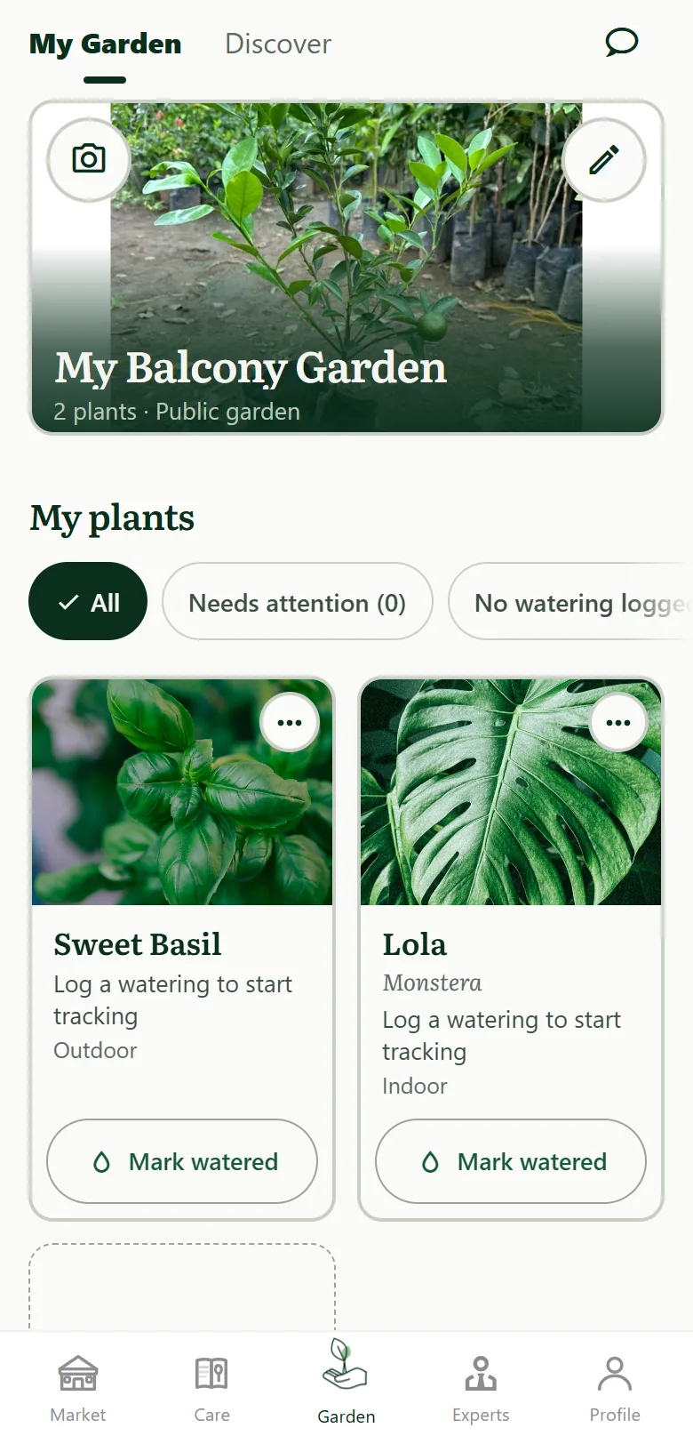 My Garden: a sample balcony garden with two plants and Mark watered buttons