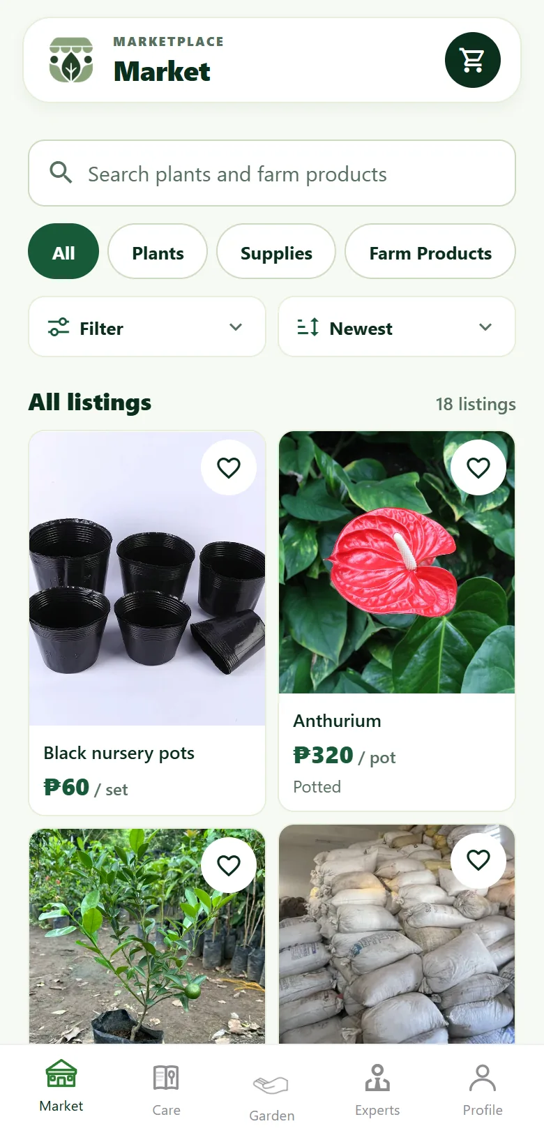 Market screen with a staggered feed of plant listings