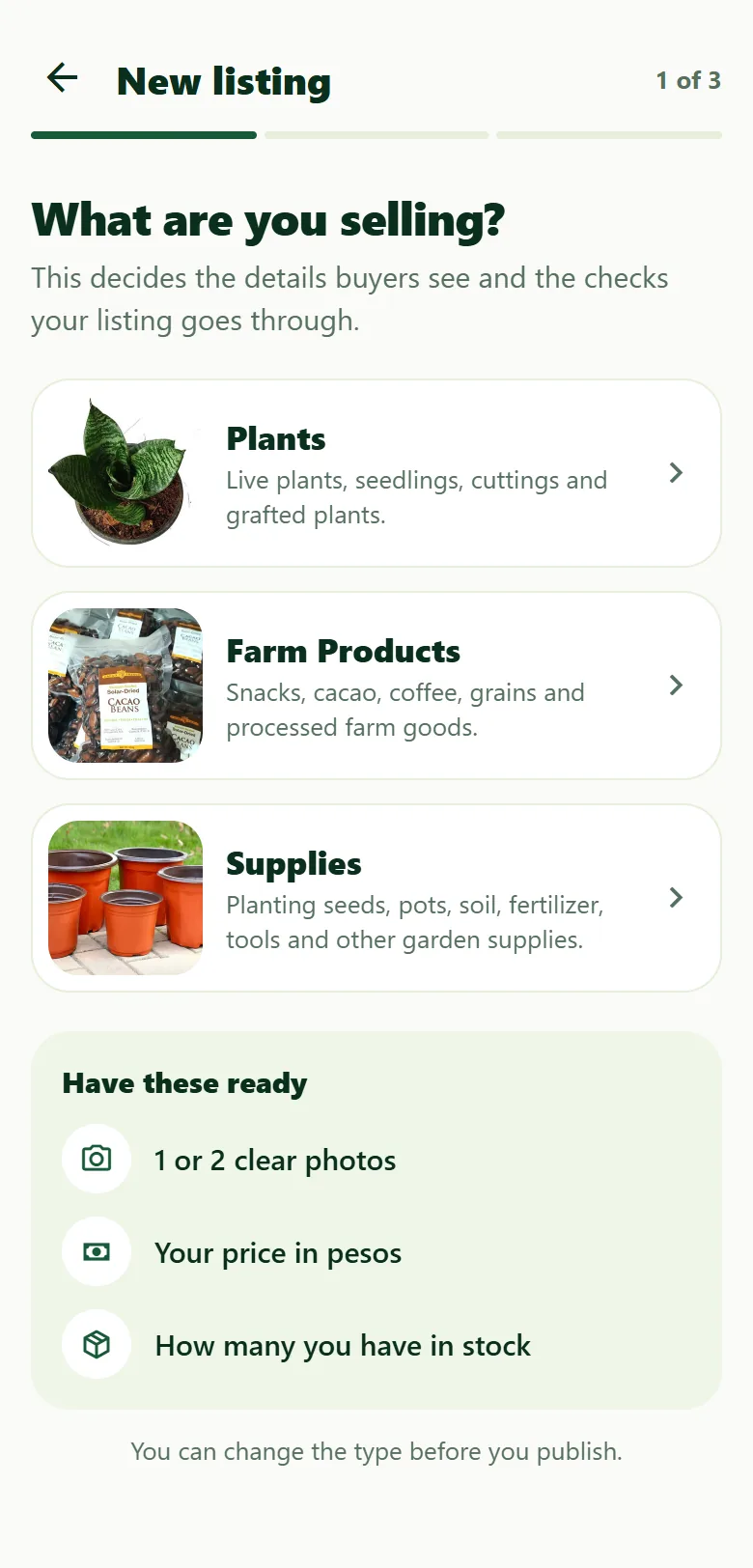 New listing: choose whether you are selling plants, farm products or supplies