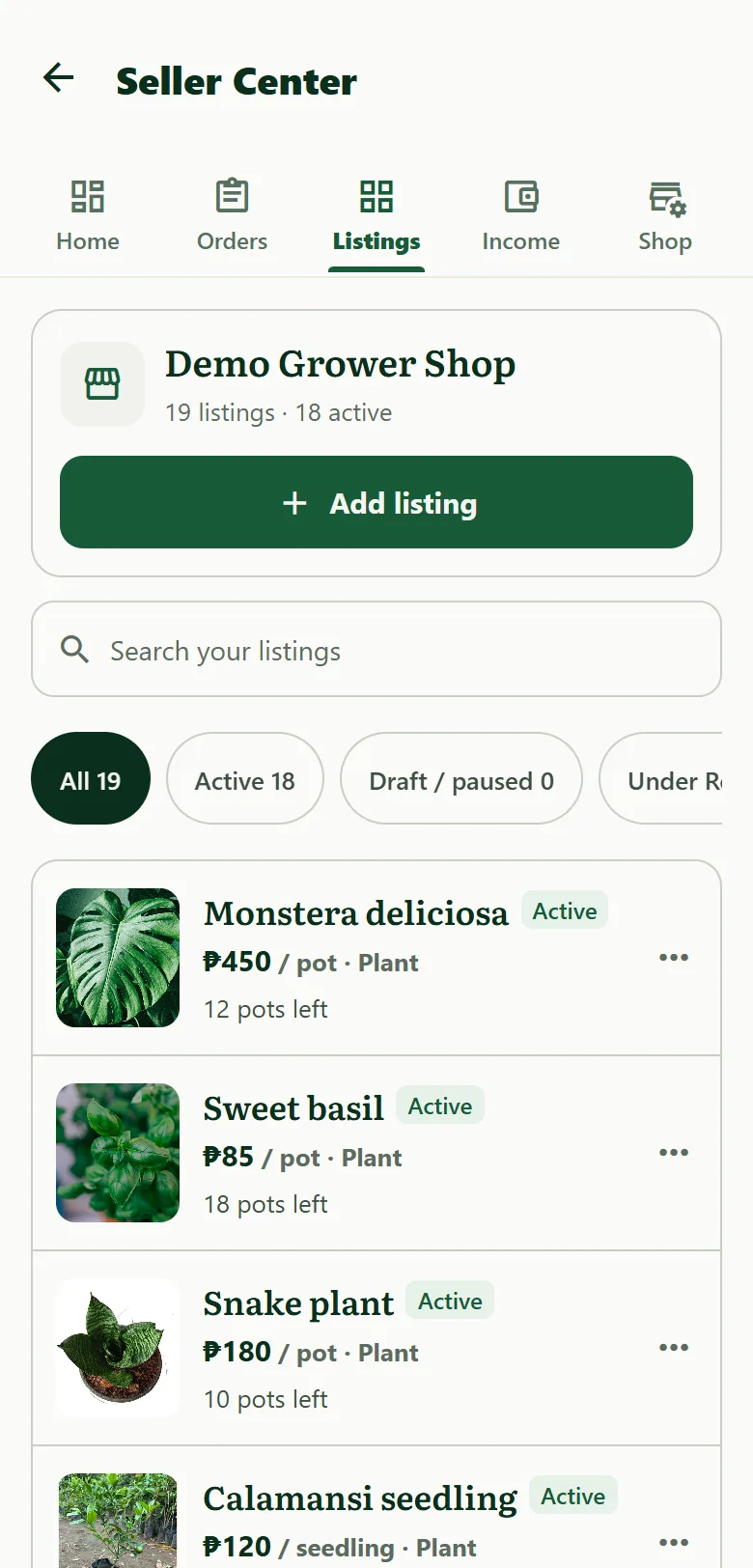 Seller Center, Listings tab: sample listings for Monstera, Sweet basil and Snake plant with prices and stock left