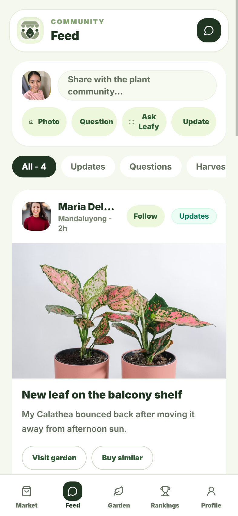 GrowMate community feed screen