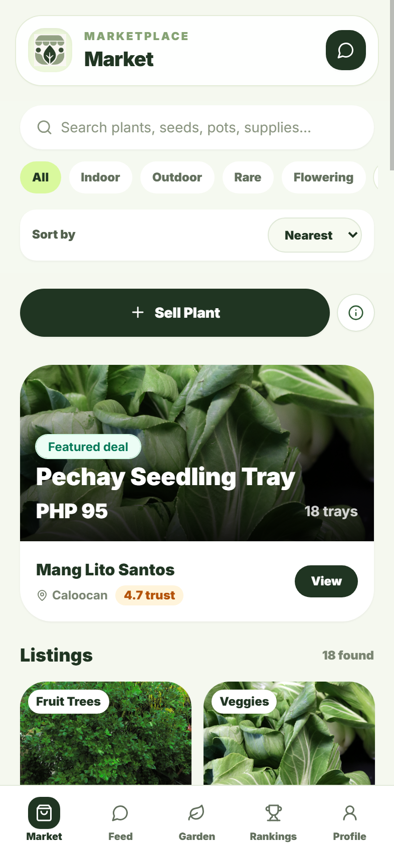 GrowMate marketplace screen