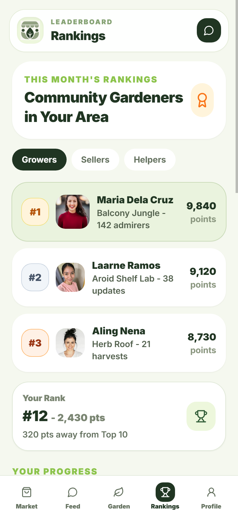 GrowMate rankings screen